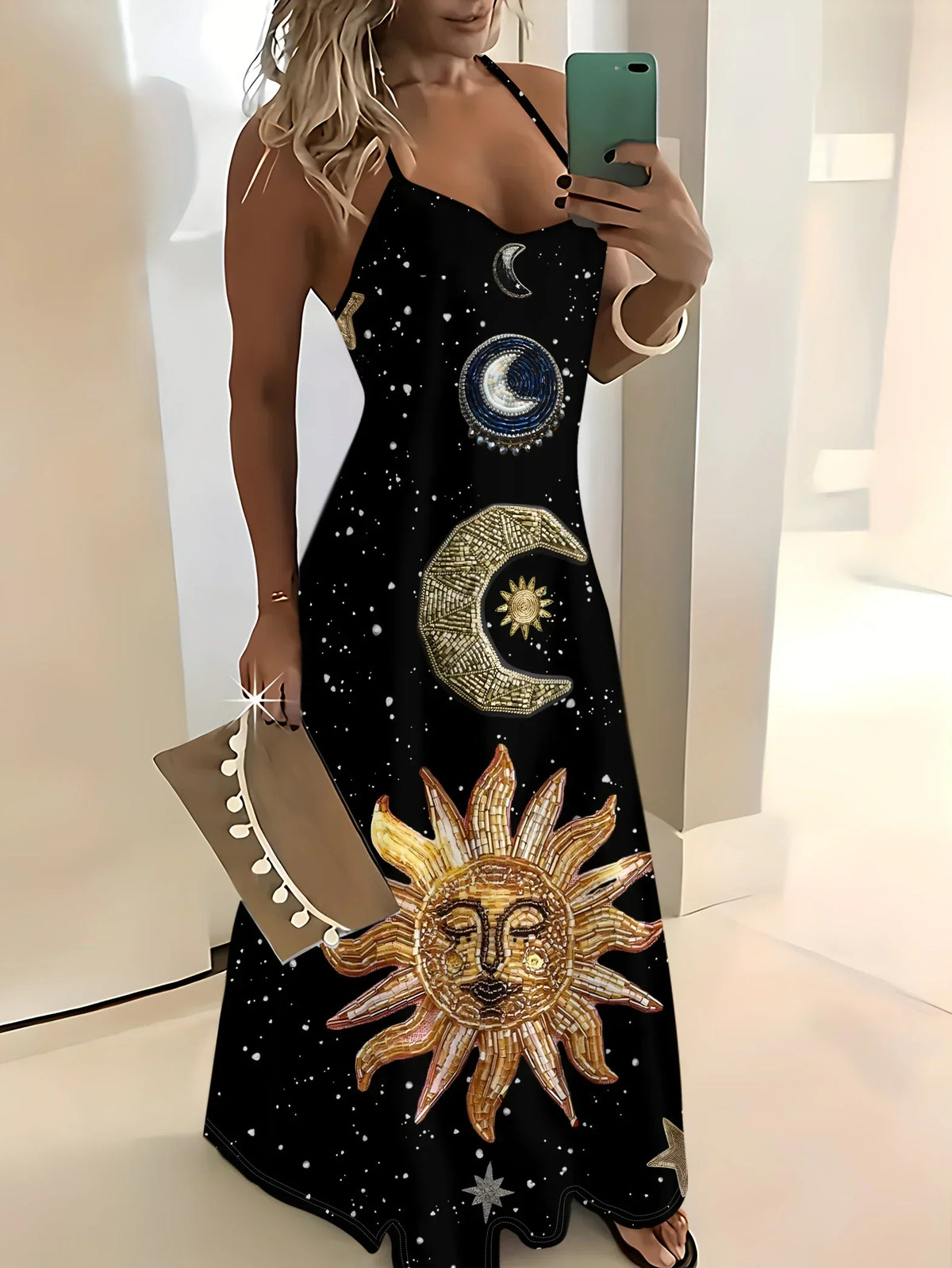 KIMLUD polyester slip maxi dress with black base and celestial astral print