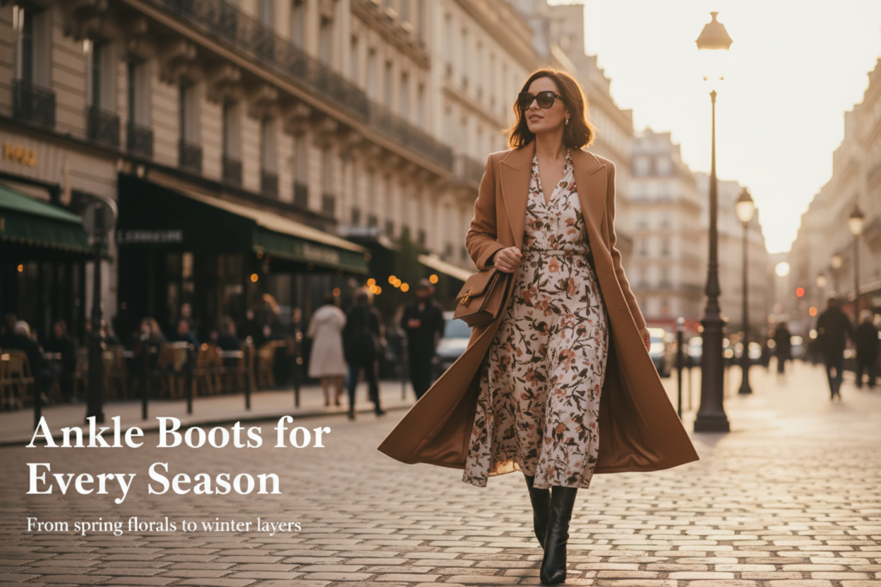 Elegant woman in camel coat and floral midi dress with ankle boots on Parisian boulevard at golden hour — ankle boots style guide | KIMLUD