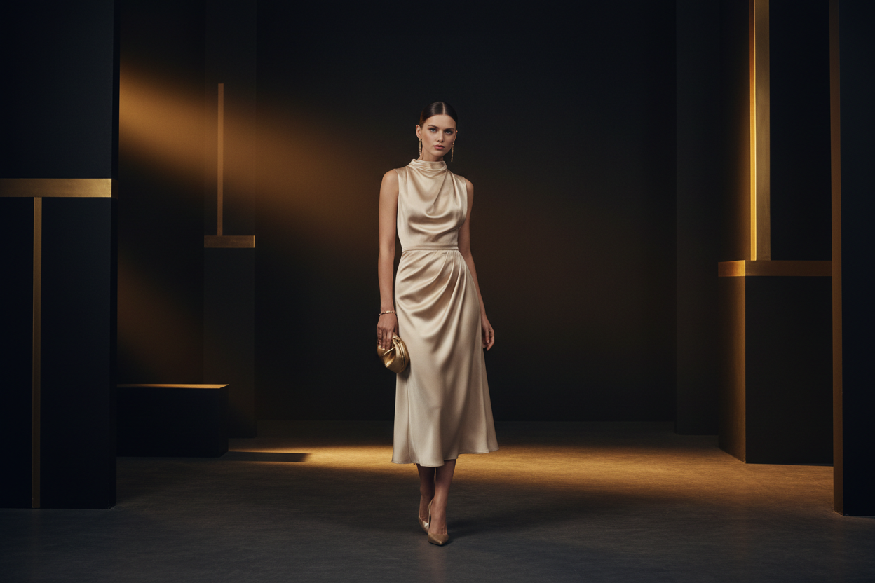 Elegant woman in champagne satin midi dress — luxury fashion editorial | KIMLUD
