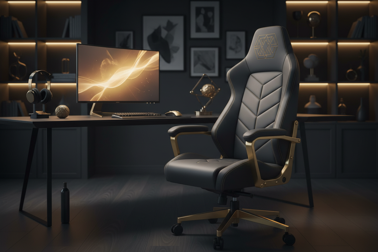 Premium ergonomic gaming chair in dark penthouse interior — luxury setup | KIMLUD