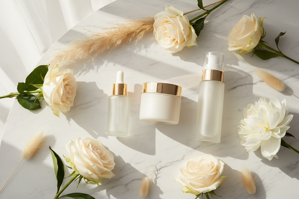 Skincare routine products flatlay on white marble — KIMLUD Beauty
