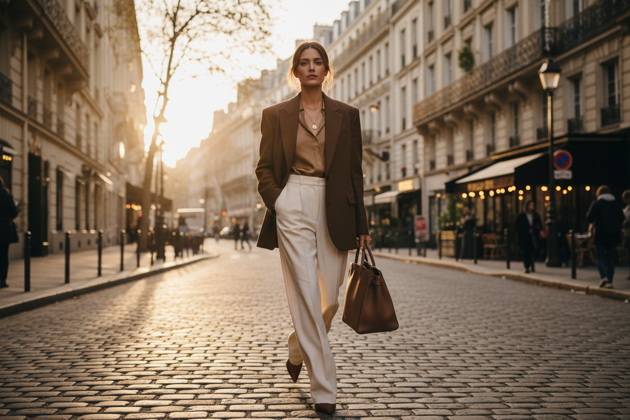 Elegant woman in chocolate brown blazer — women's fashion trends 2026 | KIMLUD