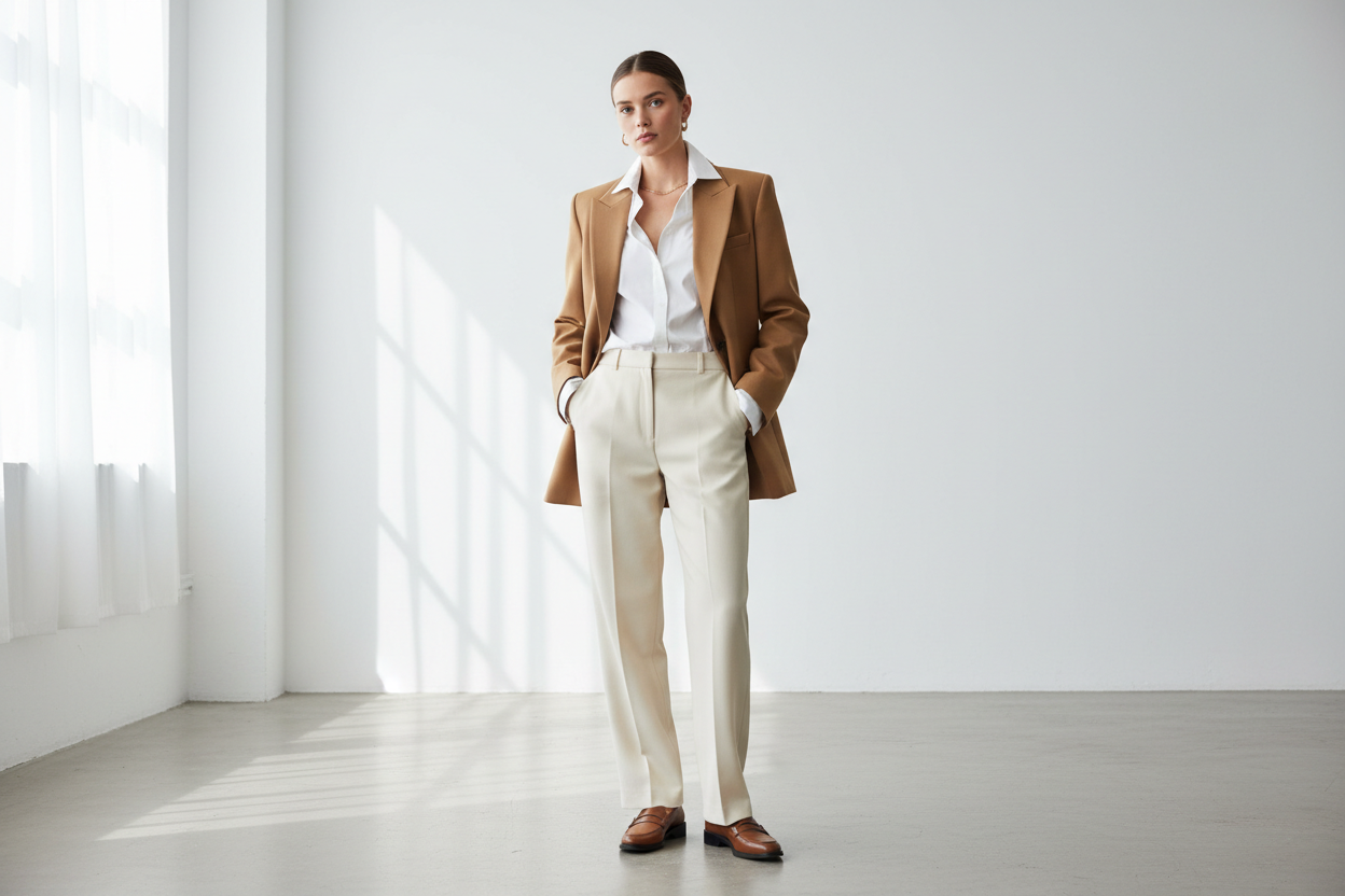 Elegant woman in camel blazer and wide-leg trousers — capsule wardrobe outfit | KIMLUD