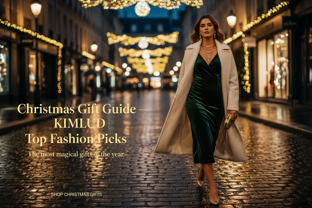 Christmas gift guide — elegant woman in emerald green velvet dress on festive European street | KIMLUD