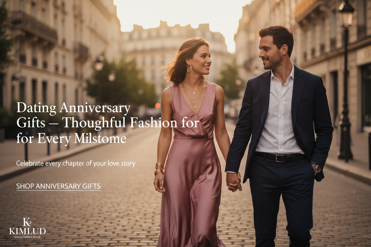 Dating anniversary fashion gifts — elegant couple in dusty rose dress and navy blazer on Paris street at golden hour | KIMLUD