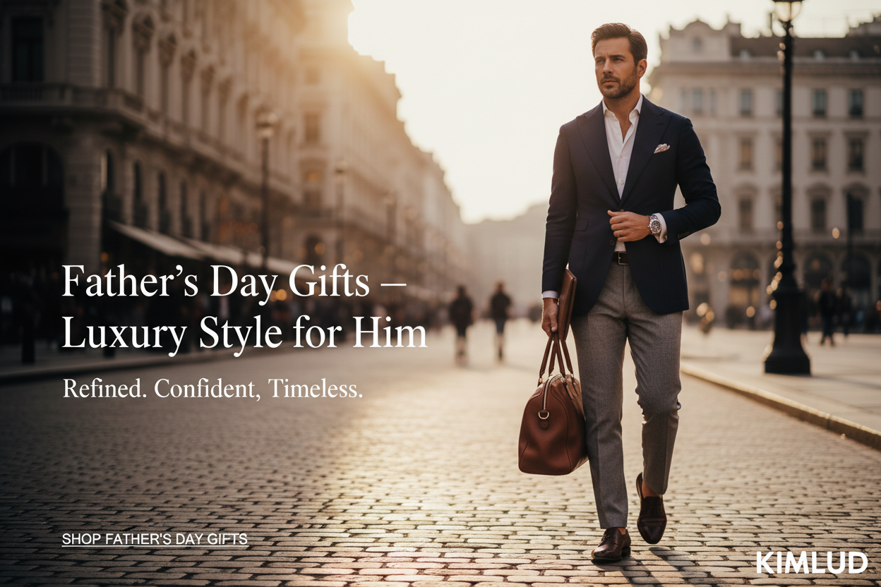 Father's Day luxury gifts for him — sophisticated man in navy blazer and premium watch on European street | KIMLUD