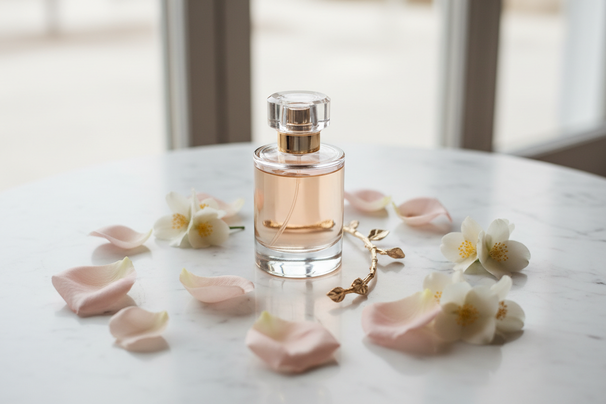 Luxury perfume bottle on white marble — KIMLUD fragrance editorial
