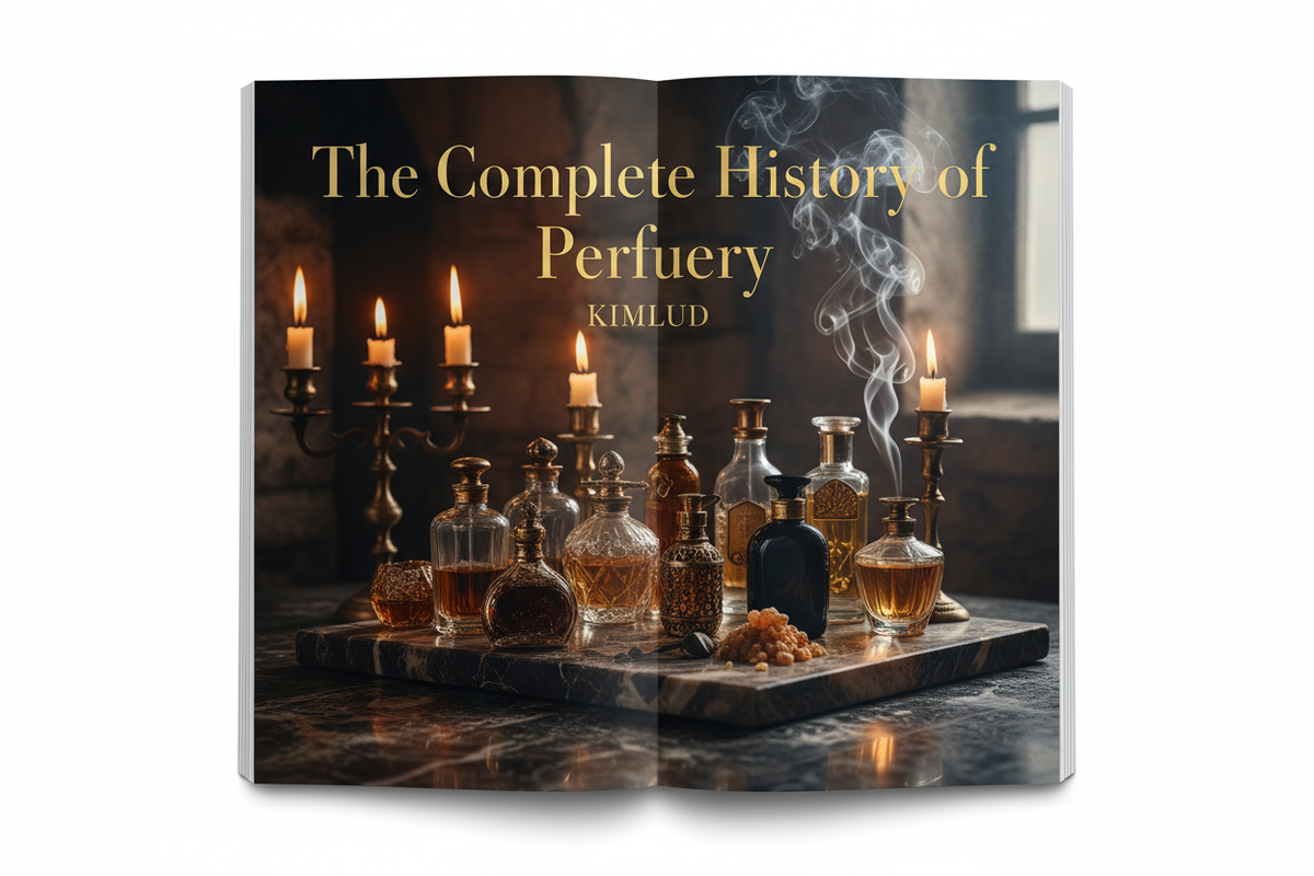 Perfume bottles, burning candles, and curling smoke beneath the gold title “The Complete History of Perfumery” and KIMLUD name.