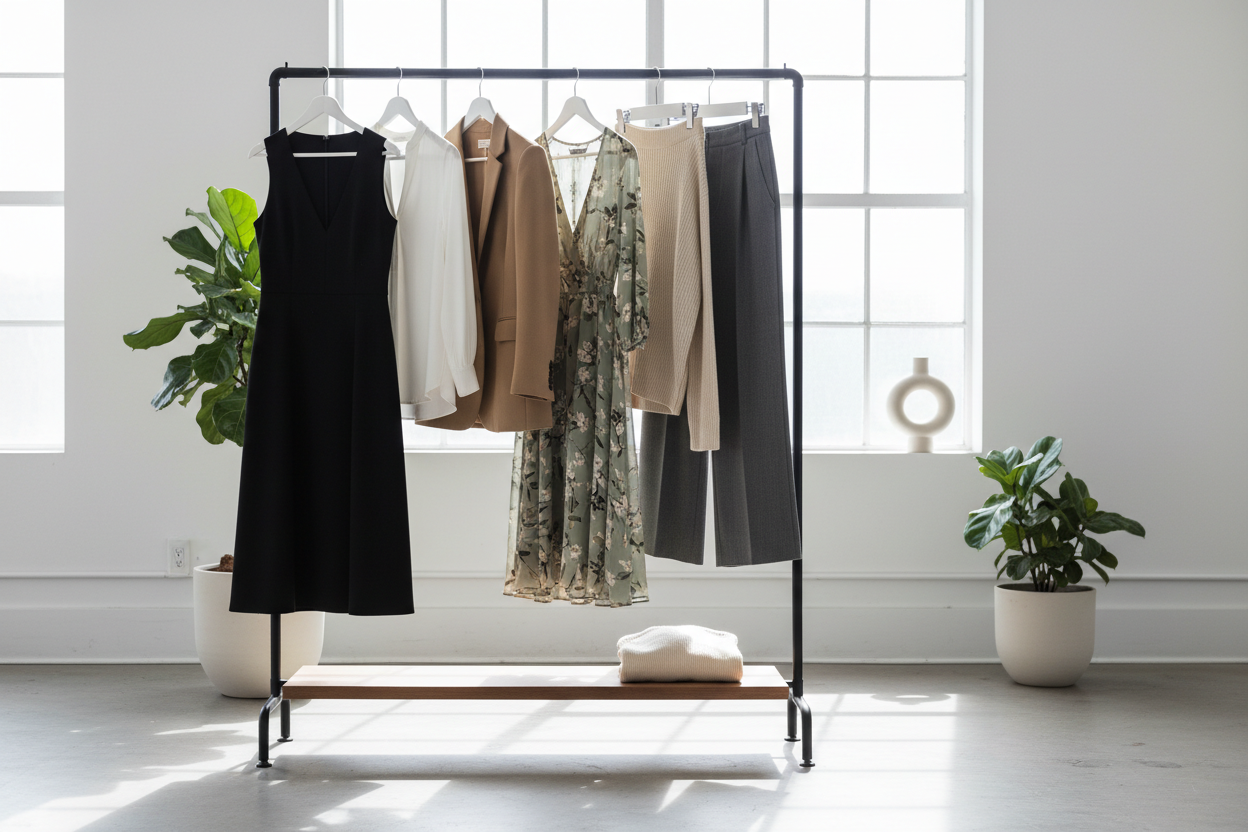 Neatly arranged capsule wardrobe with timeless neutral clothing pieces — KIMLUD style guide 2026