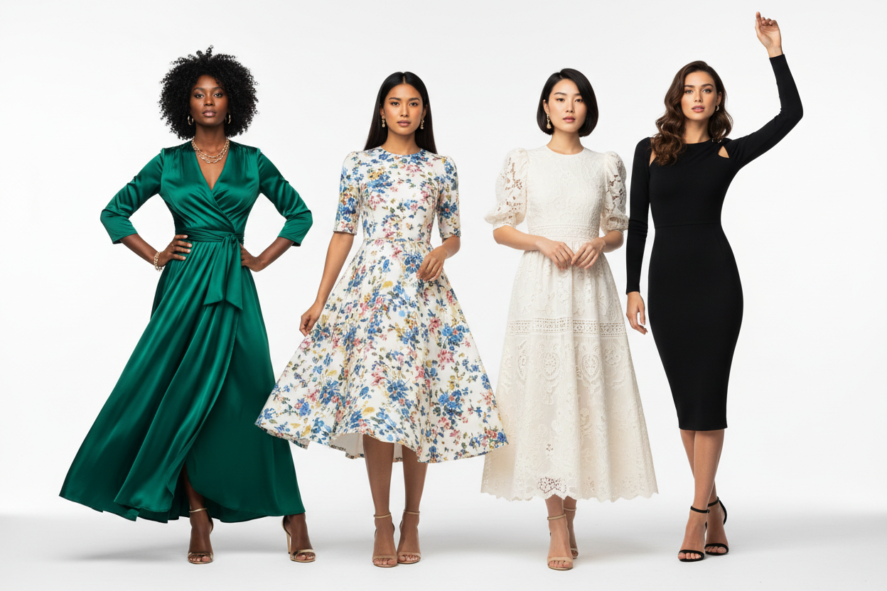 Four stylish women in different flattering dress styles — KIMLUD body type style guide 2026