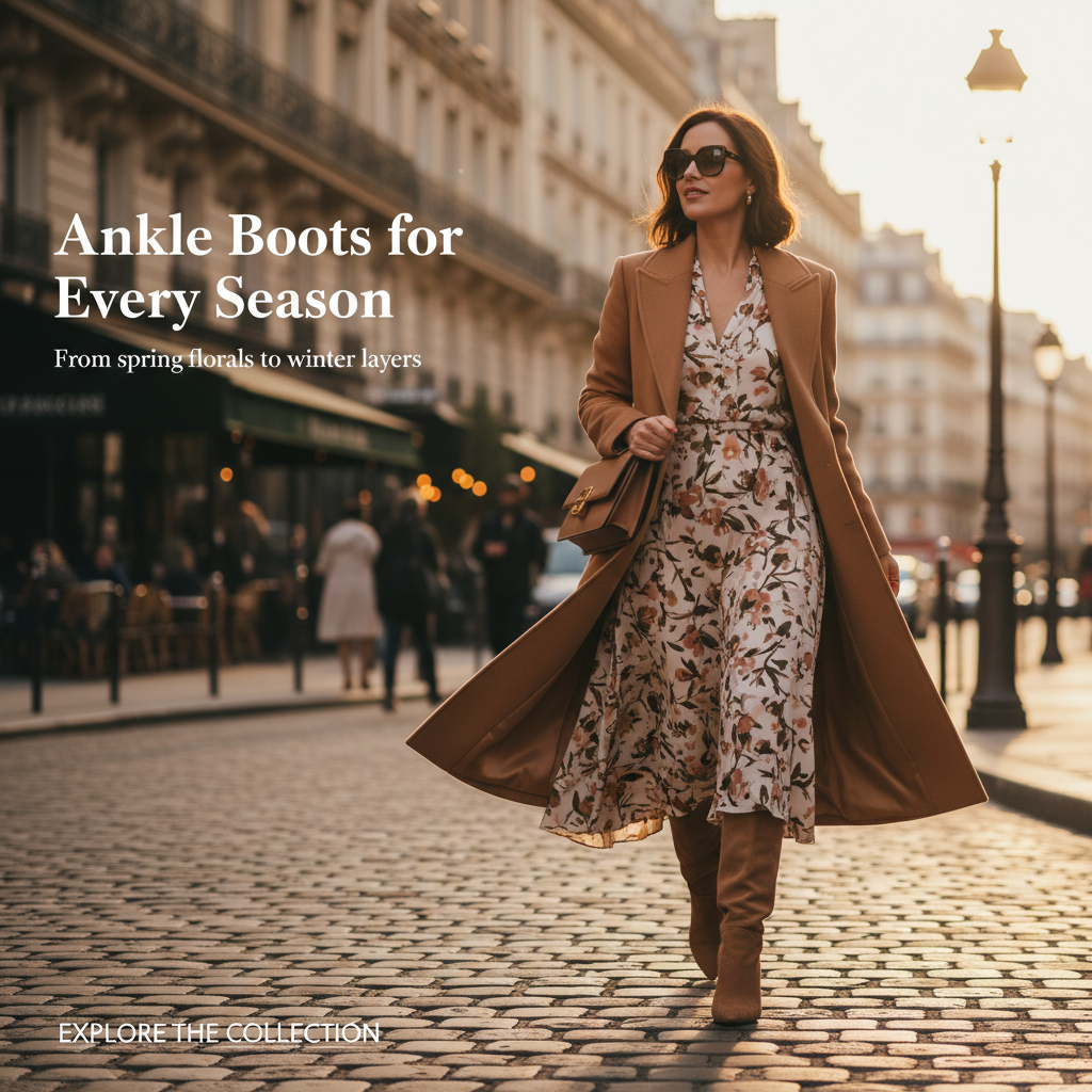 Elegant woman in tan suede ankle boots and floral midi dress on Parisian cobblestone street — KIMLUD
