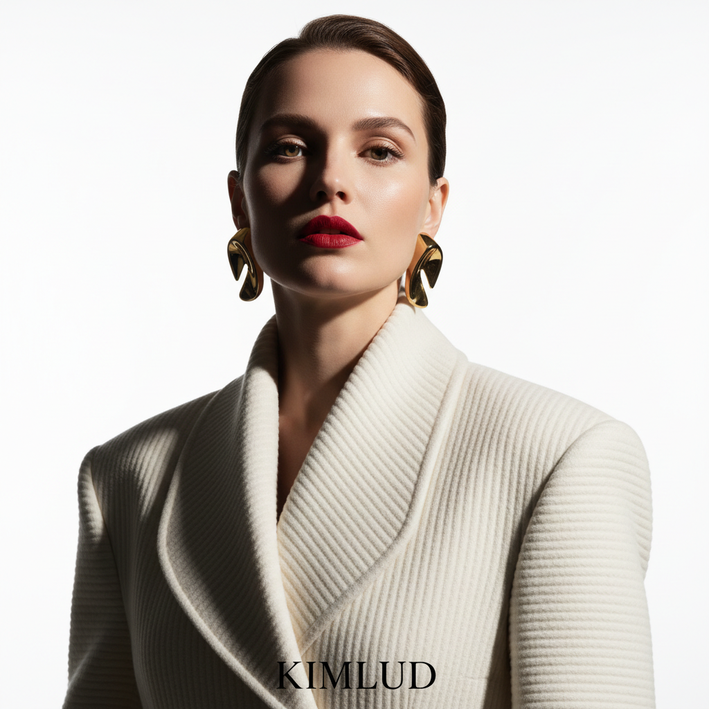 KIMLUD close-up editorial — woman in sculptural ivory wool coat with red lip and gold earrings — luxury fashion 2027