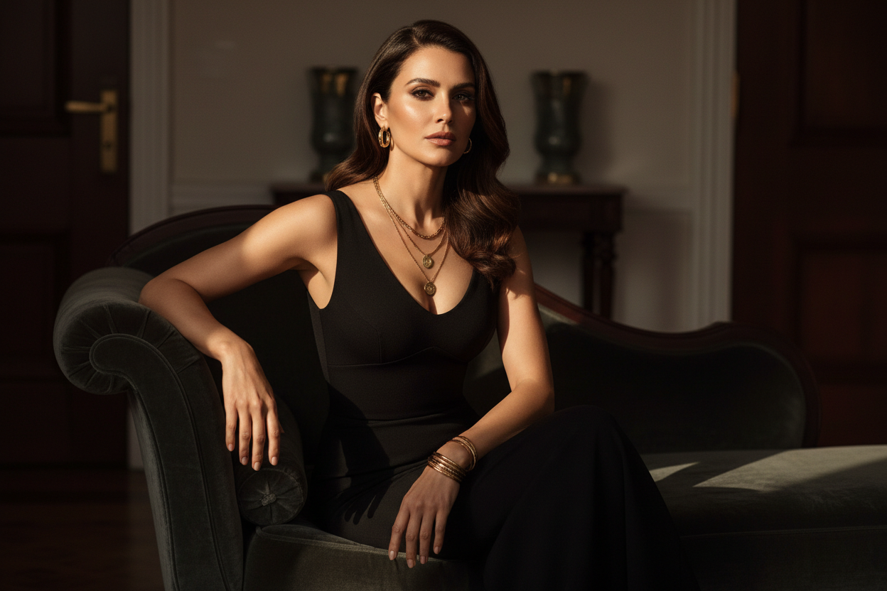 Elegant woman in black bodycon dress — KIMLUD luxury fashion editorial