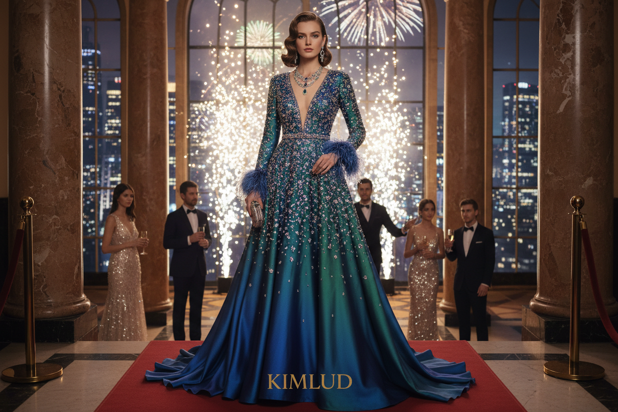 KIMLUD 2026 — woman in jewel-tone evening gown at glamorous city event, luxury dazzling evenings fashion editorial