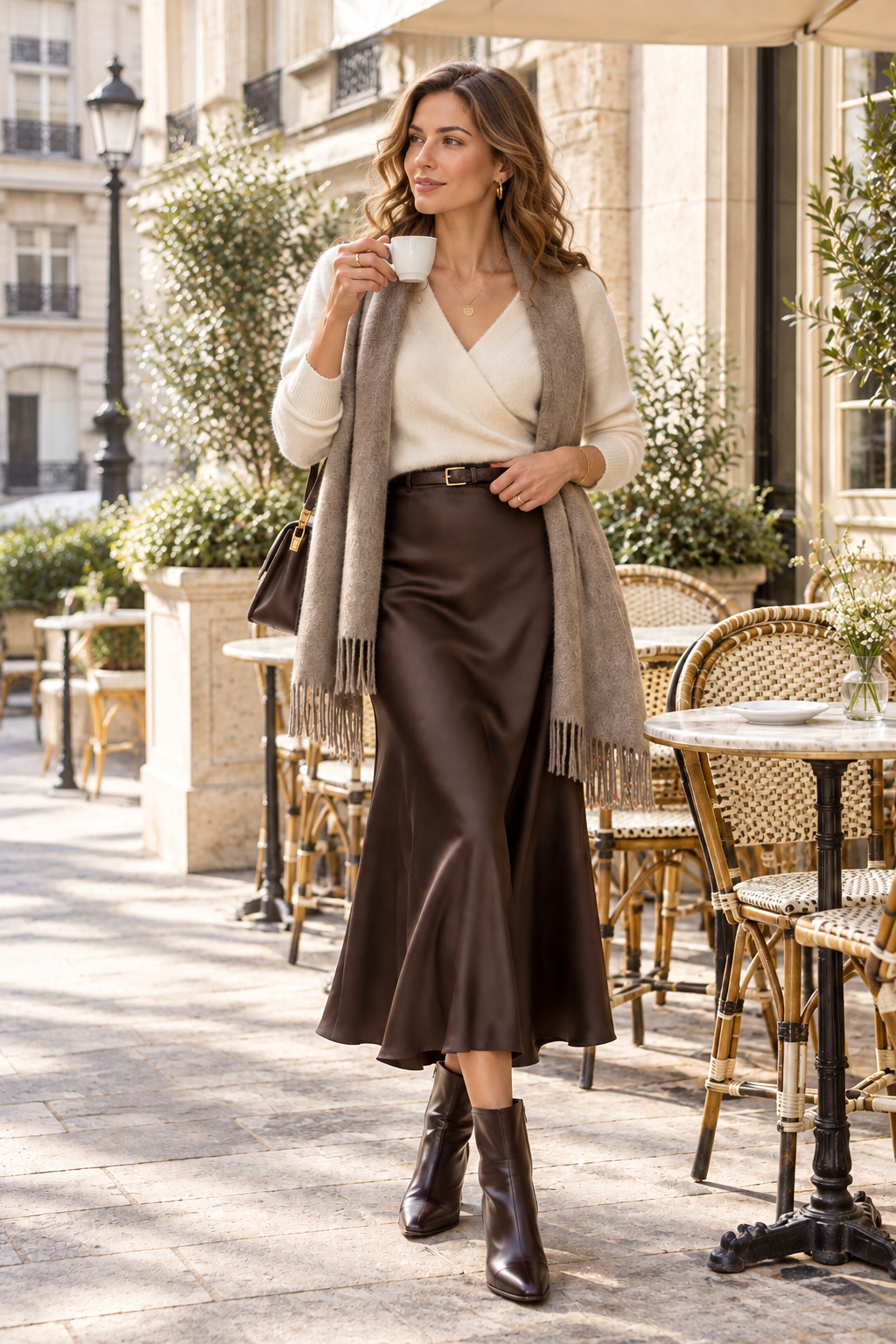 KIMLUD editorial look 1 featuring a youthful adult model around age 20 in an ivory knit and chocolate satin skirt
