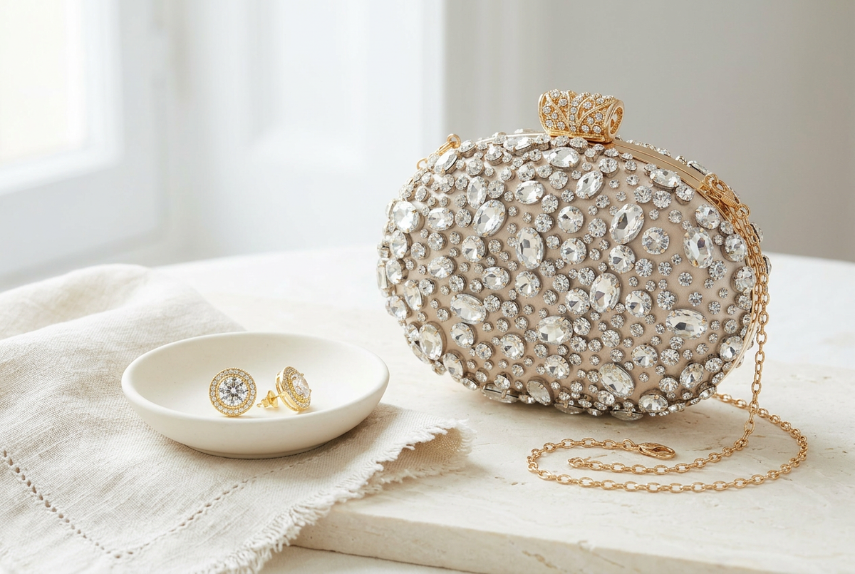 Gold-tone halo stud earrings beside a crystal-covered evening clutch on pale stone and ivory linen.