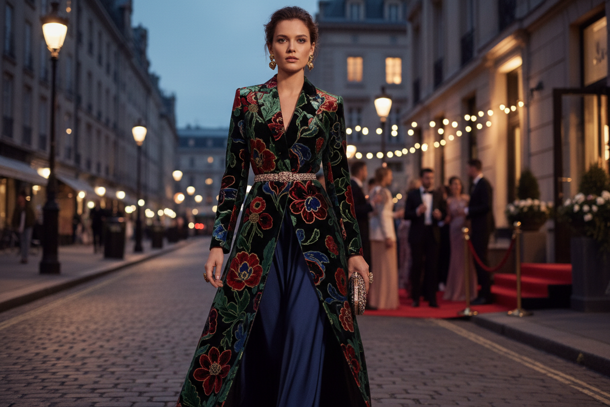 Confident woman in a floral velvet long blazer jacket, KIMLUD chic street-to-evening style 2026