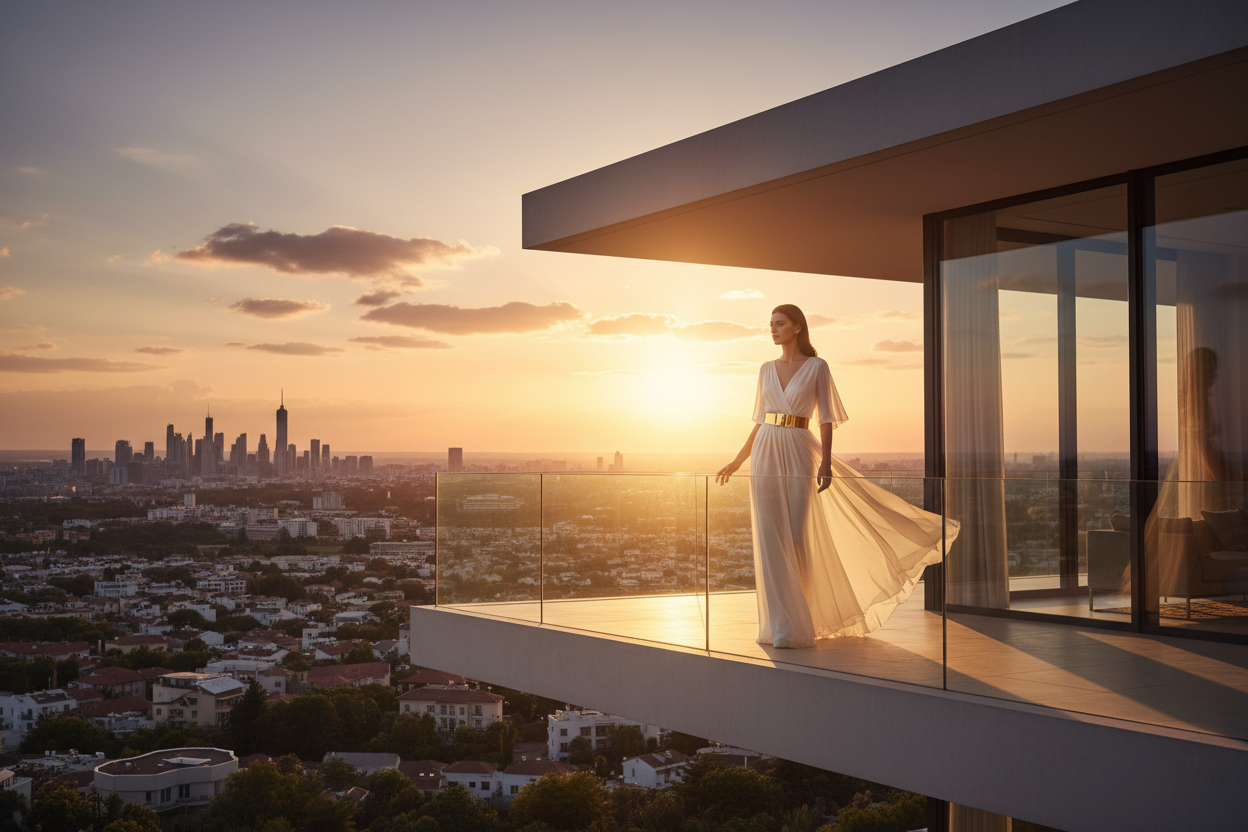 Cantilevered terrace, panoramic city skyline, golden hour sunset
