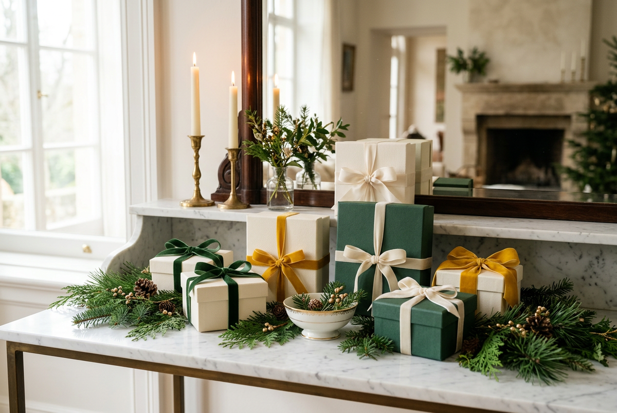 Cream and forest-green holiday gifts with gold and ivory ribbons on a marble console decorated with evergreen branches.