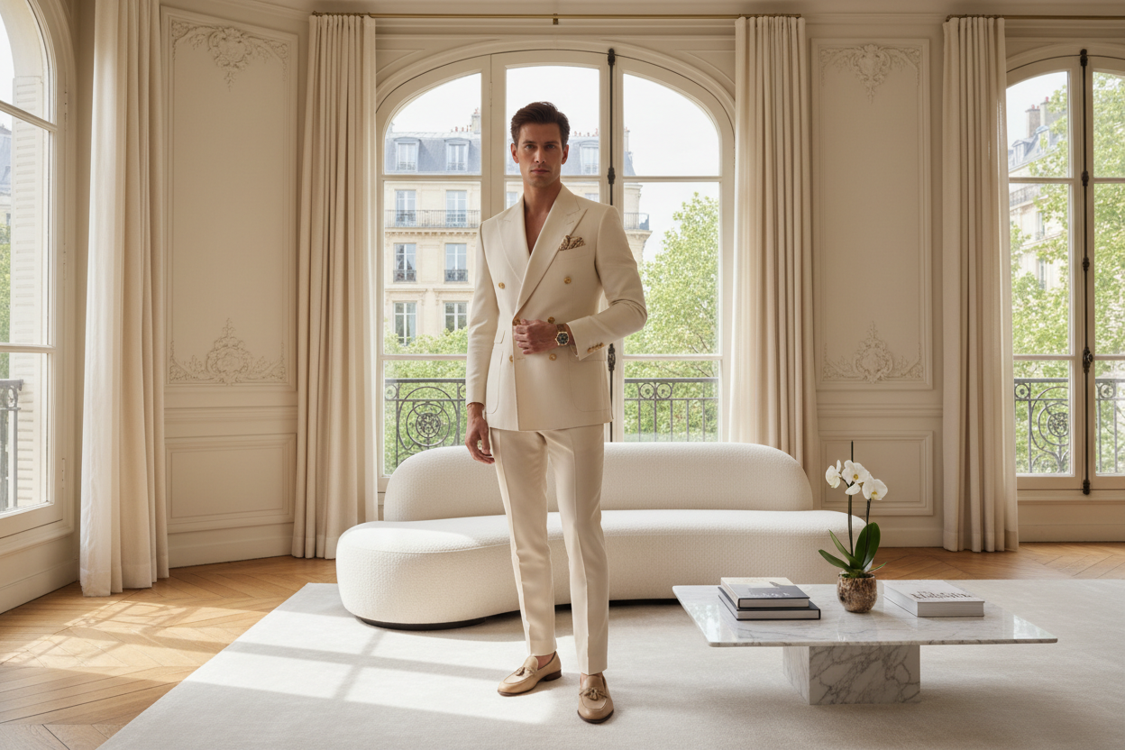 KIMLUD men's luxury fashion 2026 — male model in tailored blazer and slim trousers, bright European fashion editorial