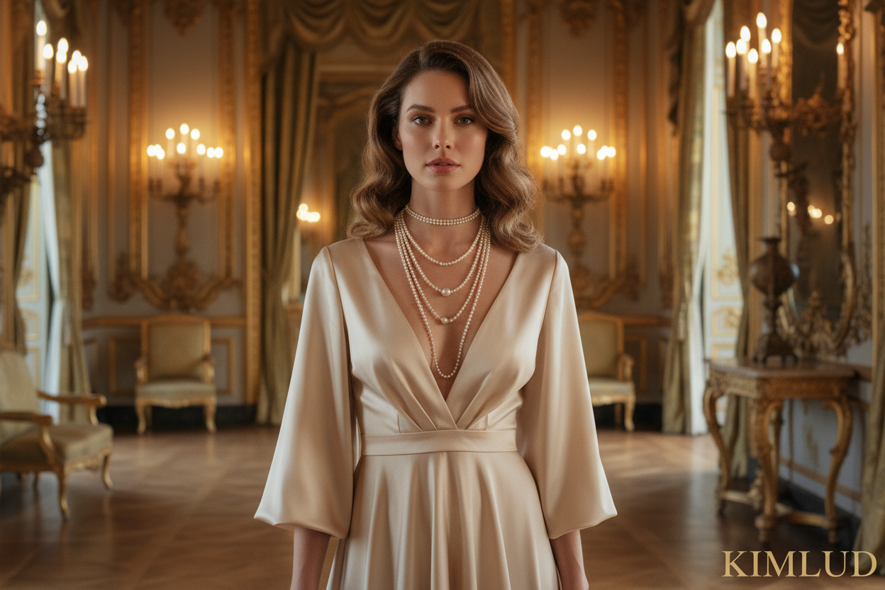 KIMLUD luxury editorial — elegant woman wearing 3 layered pearl necklaces on décolletage, champagne silk gown, Parisian luxury ballroom with candlelight, fine jewelry hero banner 2026