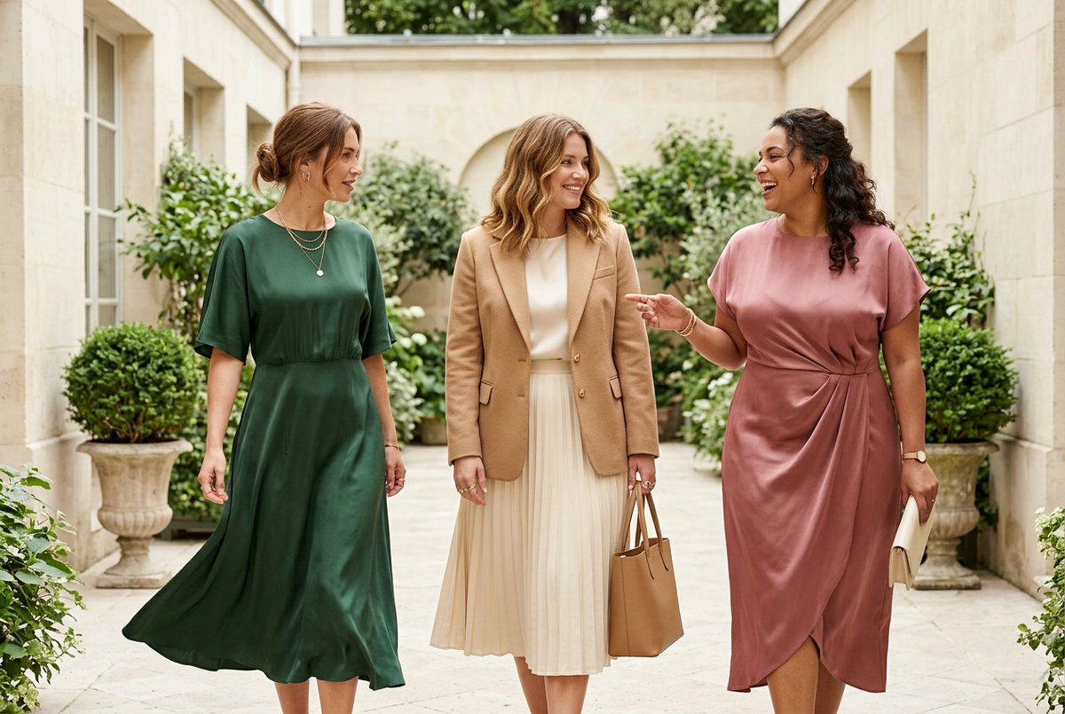 Three women in a green midi dress, cream tailoring with a camel blazer, and a rose dress in a sunlit European courtyard.