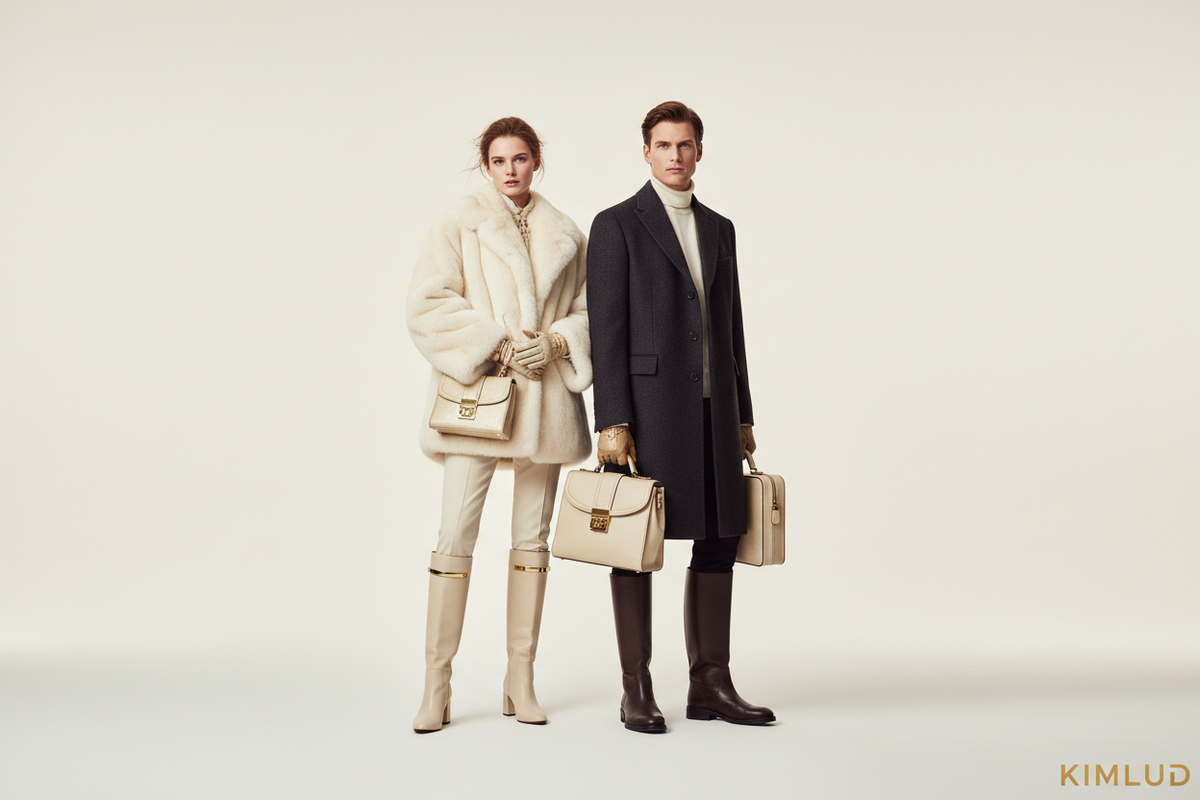 Men and women luxury winter fashion campaign — premium boots fur coat European editorial | KIMLUD
