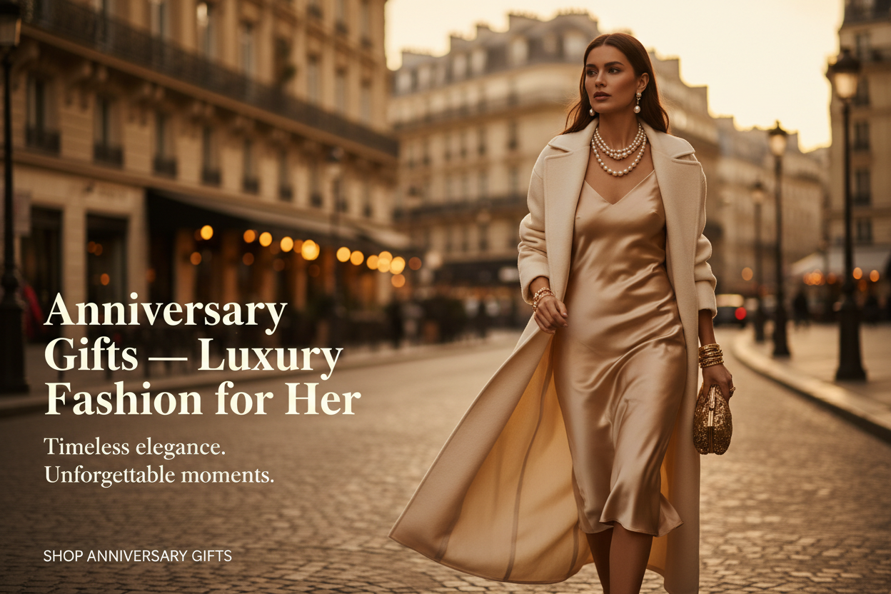Marriage anniversary fashion gifts by year — elegant woman in champagne satin dress on European street | KIMLUD