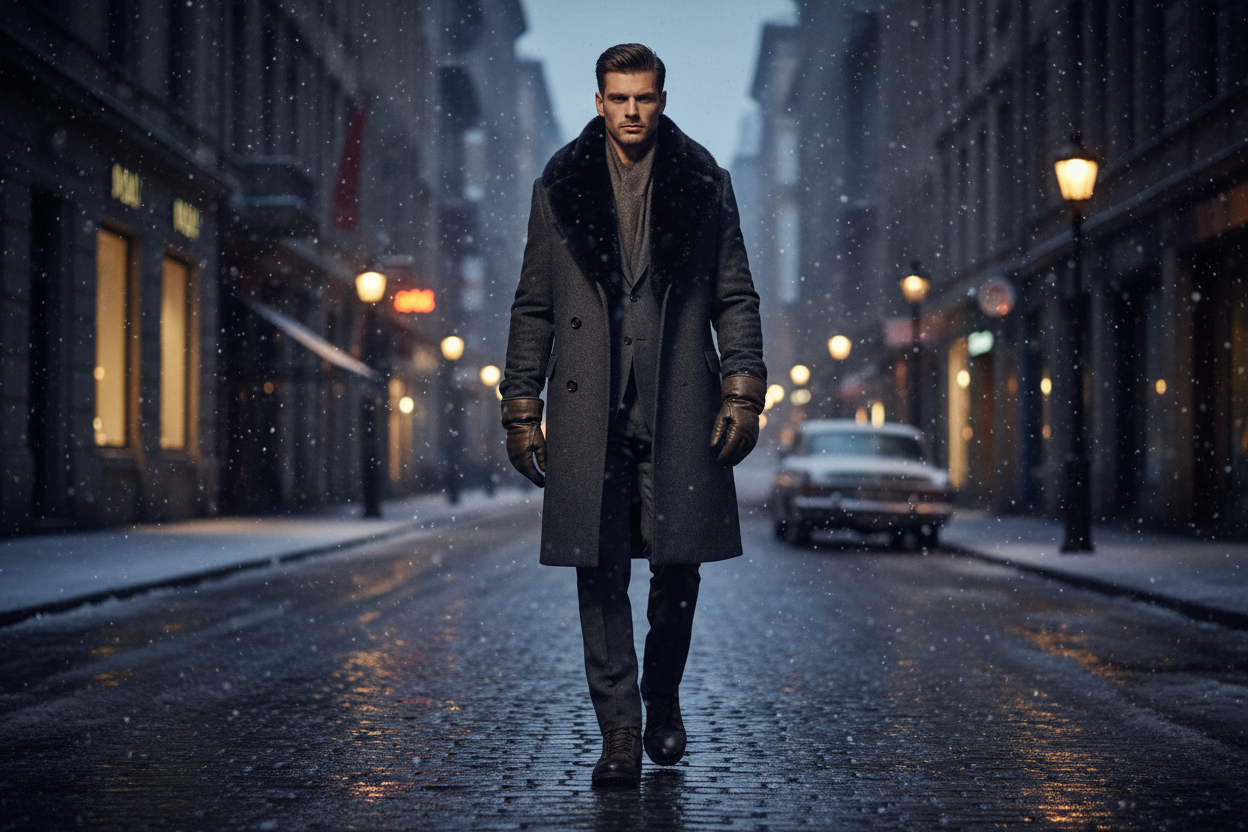 KIMLUD men's winter 2026 — stylish man in full-length natural silver fox fur coat, champagne beige, dramatic winter cityscape night editorial