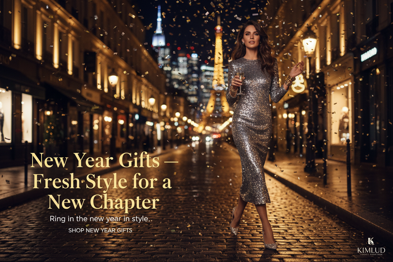 New Year fashion gifts for her — elegant woman in silver sequin dress on Paris street at midnight | KIMLUD