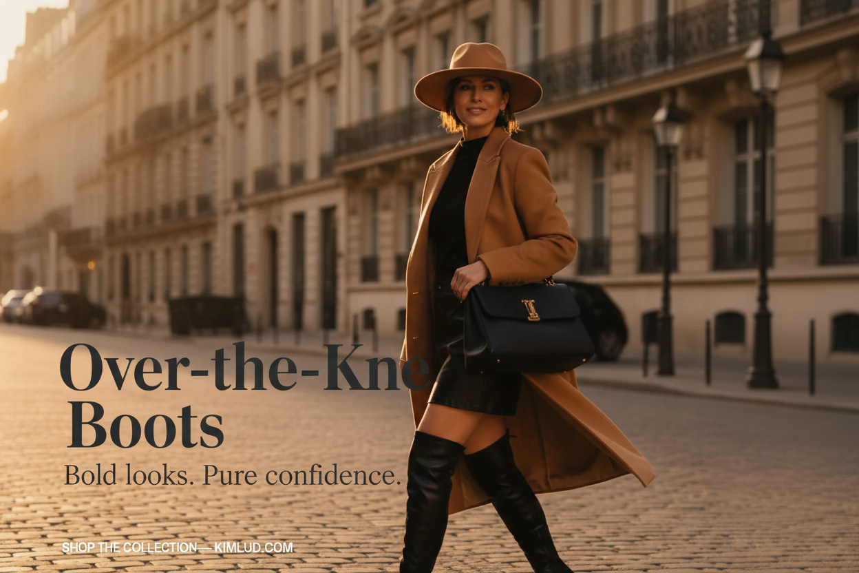 Elegant woman in camel coat and black over-the-knee boots on Parisian boulevard at golden hour — over-the-knee boots style guide | KIMLUD