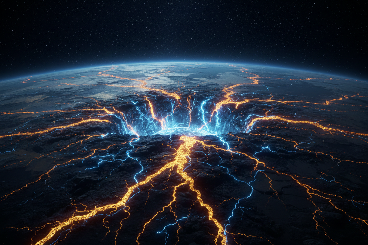 Tectonic plate boundaries glowing in molten gold — Earth's moving crust visualized, 2026 scientific editorial