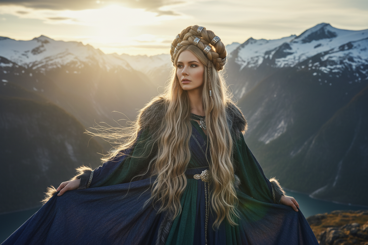 Viking women's hairstyle — Nordic crown braid with silver metal rings, misty Scandinavian fjord landscape, luxury editorial fashion photography