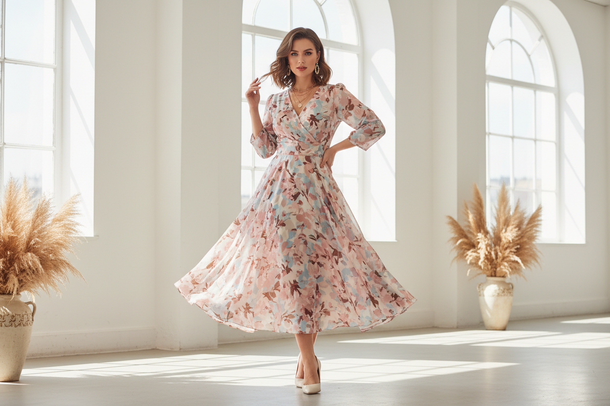 Stylish woman with a pear-shaped body wearing a flattering A-line floral midi dress — KIMLUD 2026 style guide