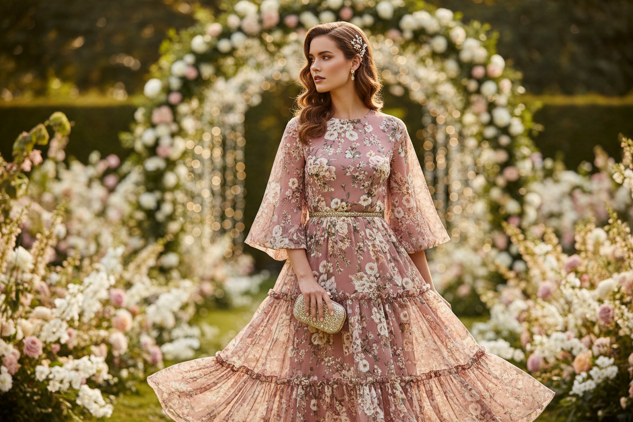 Elegant woman in a floral midi dress at a garden wedding — KIMLUD wedding guest style guide 2026