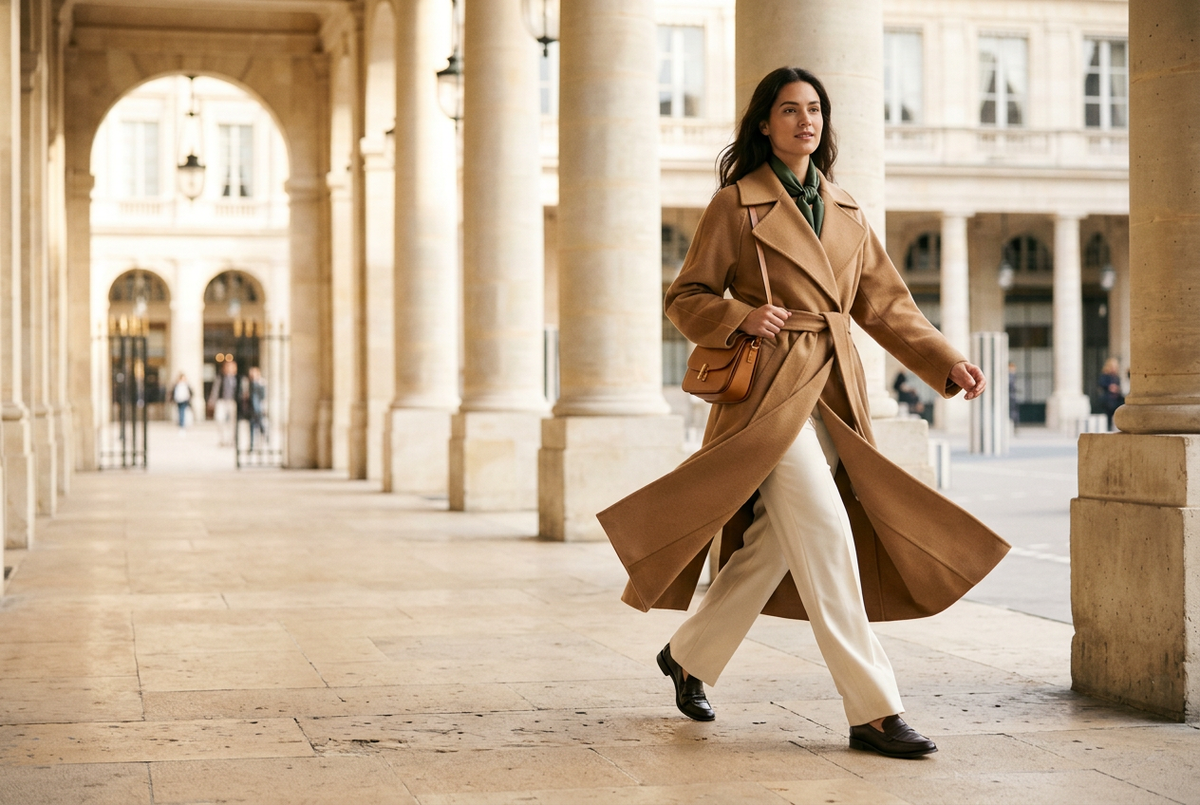 A stronger KIMLUD outerwear editorial with a sculptural camel coat in motion
