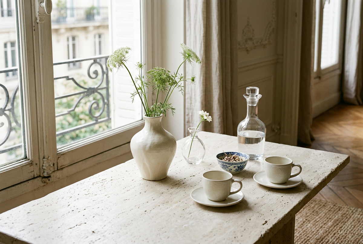Ceramic vases, cups and a patterned bowl beside a clear glass vase and carafe on a sunlit stone table.