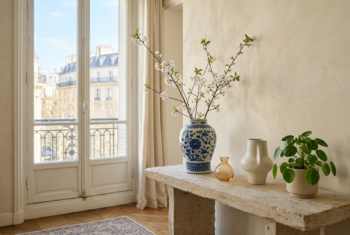 Blue-and-white porcelain vase, amber glass bud vase, ivory vase and leafy plant on a sunlit stone console.