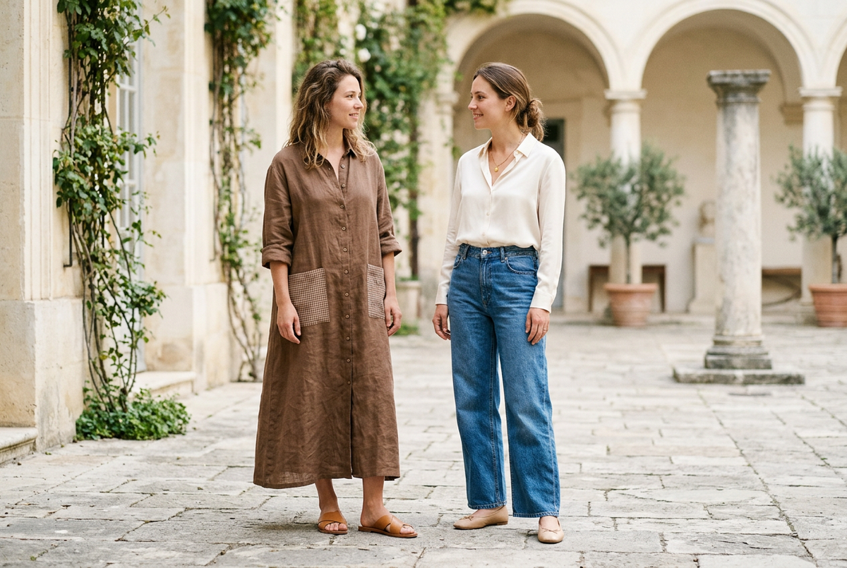 Two women in a brown shirt dress and blue jeans with an ivory blouse in a bright stone courtyard.