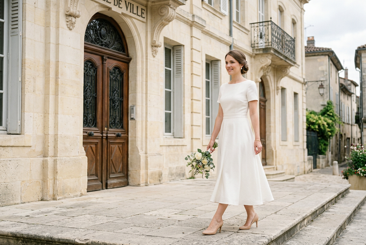Civil ceremony dress outside a pale stone town hall