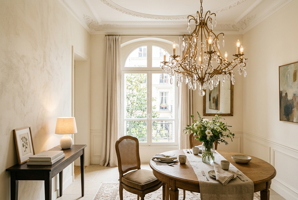 Crystal chandelier and ceramic table lamp in a sunlit European dining room.