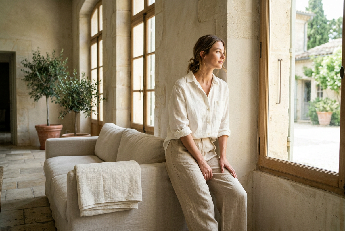 Woman in an ivory shirt and beige trousers beside a pale sofa and folded textiles in a sunlit stone interior.
