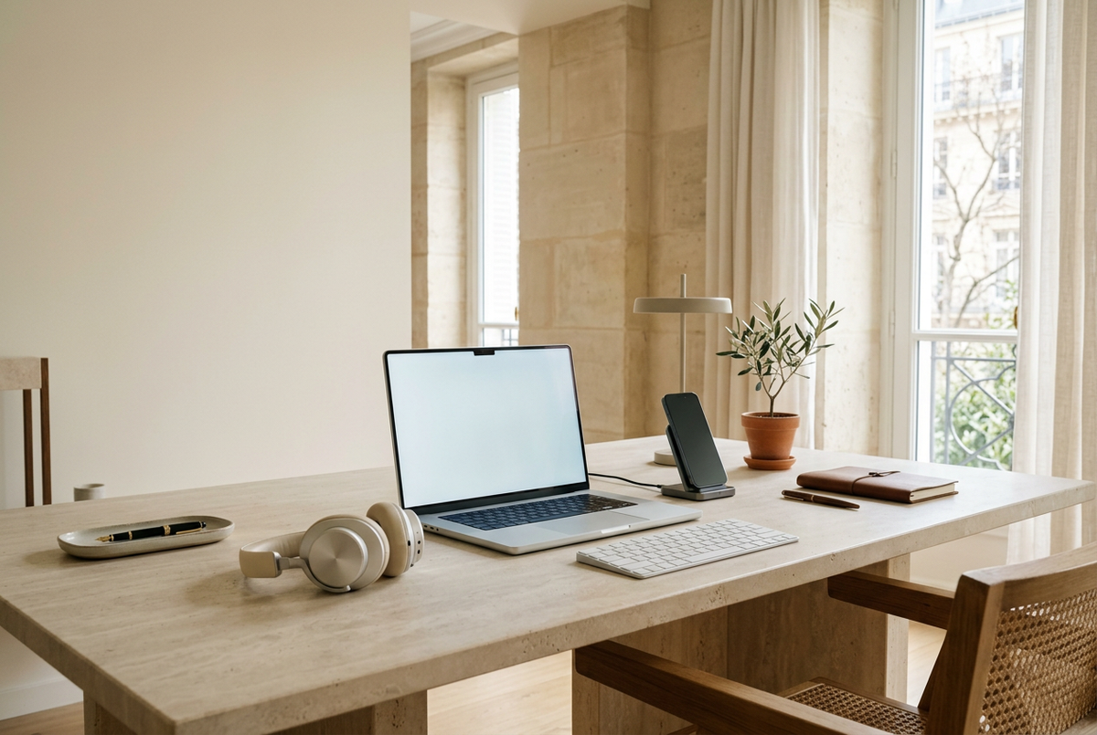 Silver laptop, ivory headphones, keyboard and phone on a pale stone desk in a sunlit European-style workspace.