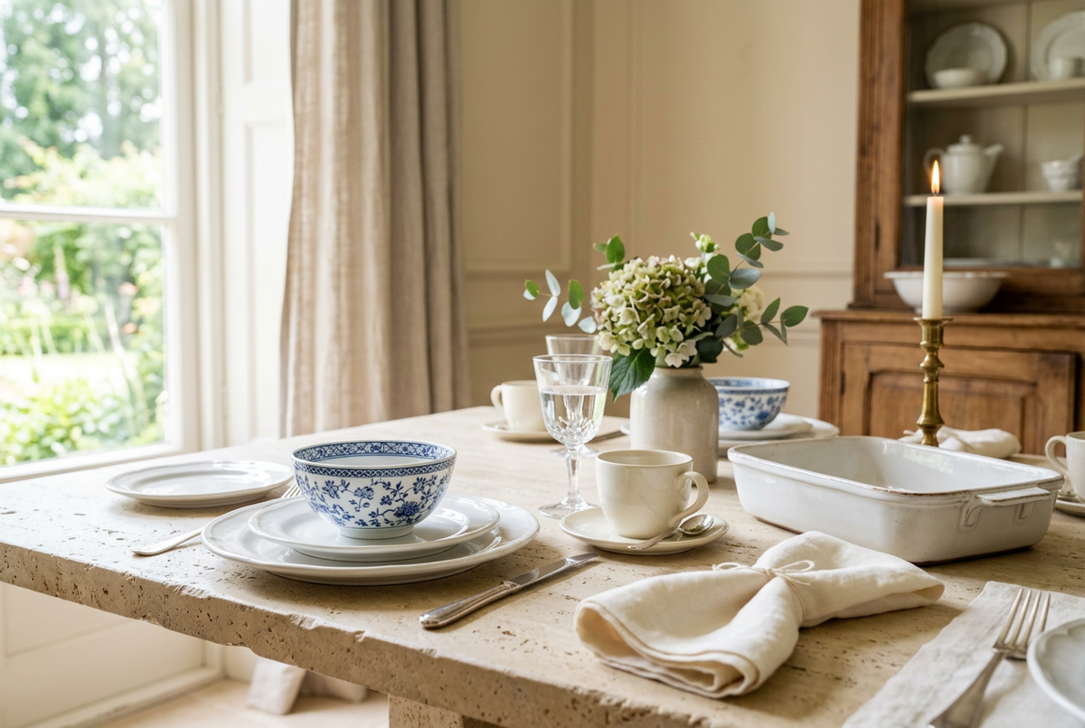White plates, blue-and-white bowls, cups and a roasting dish on a sunlit dining table.