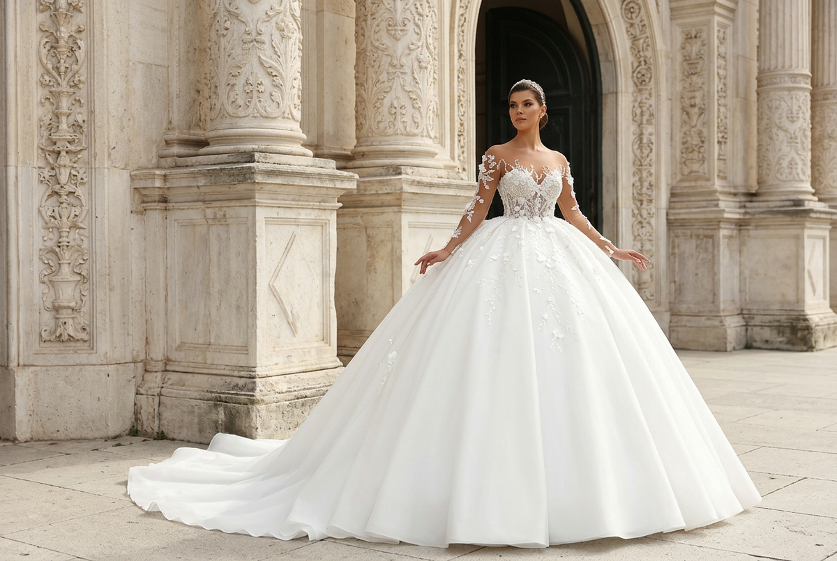 White wedding ball gown with an embellished bodice against pale European architecture