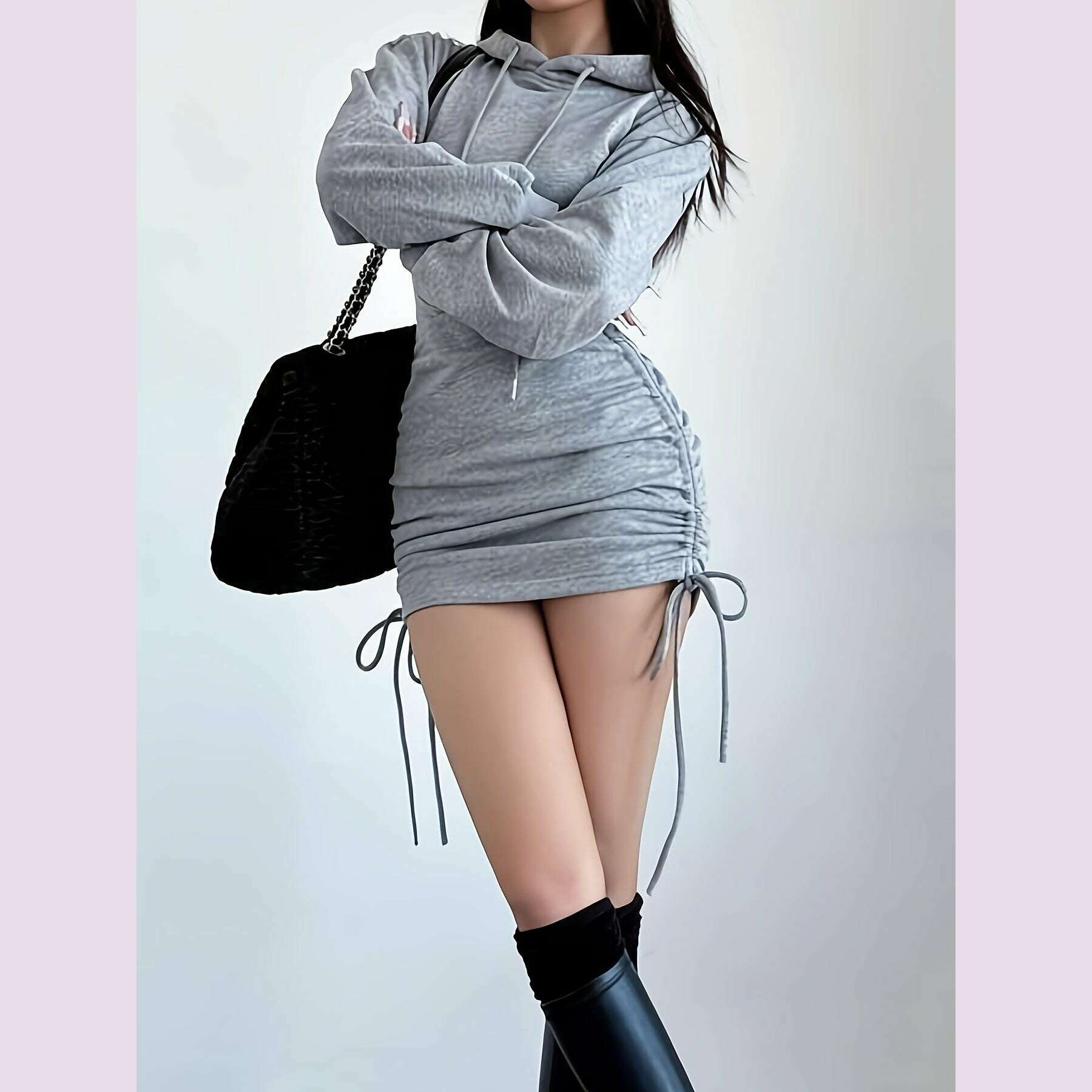 Women'S Casual Hooded Drawstring Bodycon Dress, 100% Polyester Knit Fa
