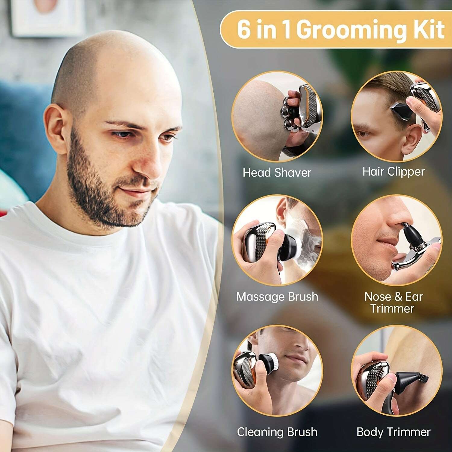 KIMLUD, Men'S Electric Head Shaver Razor - Rechargeable Cordless Hair Shaving Razors for Bald Man 6in 1 Wet Dry Beard Trimmer Body Hair Cutting Clipper Grooming Kit 7 Rotary Heads (Gray), USB Charging, Lithium Battery, 6-in-1 Multi-F, KIMLUD Womens Clothes