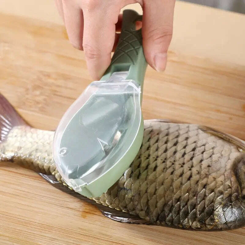 1 Fish Scale Grater With Cover Manual Green Fish Scale Removal Scraper With Storage Container Kitchen Gadget - KIMLUD