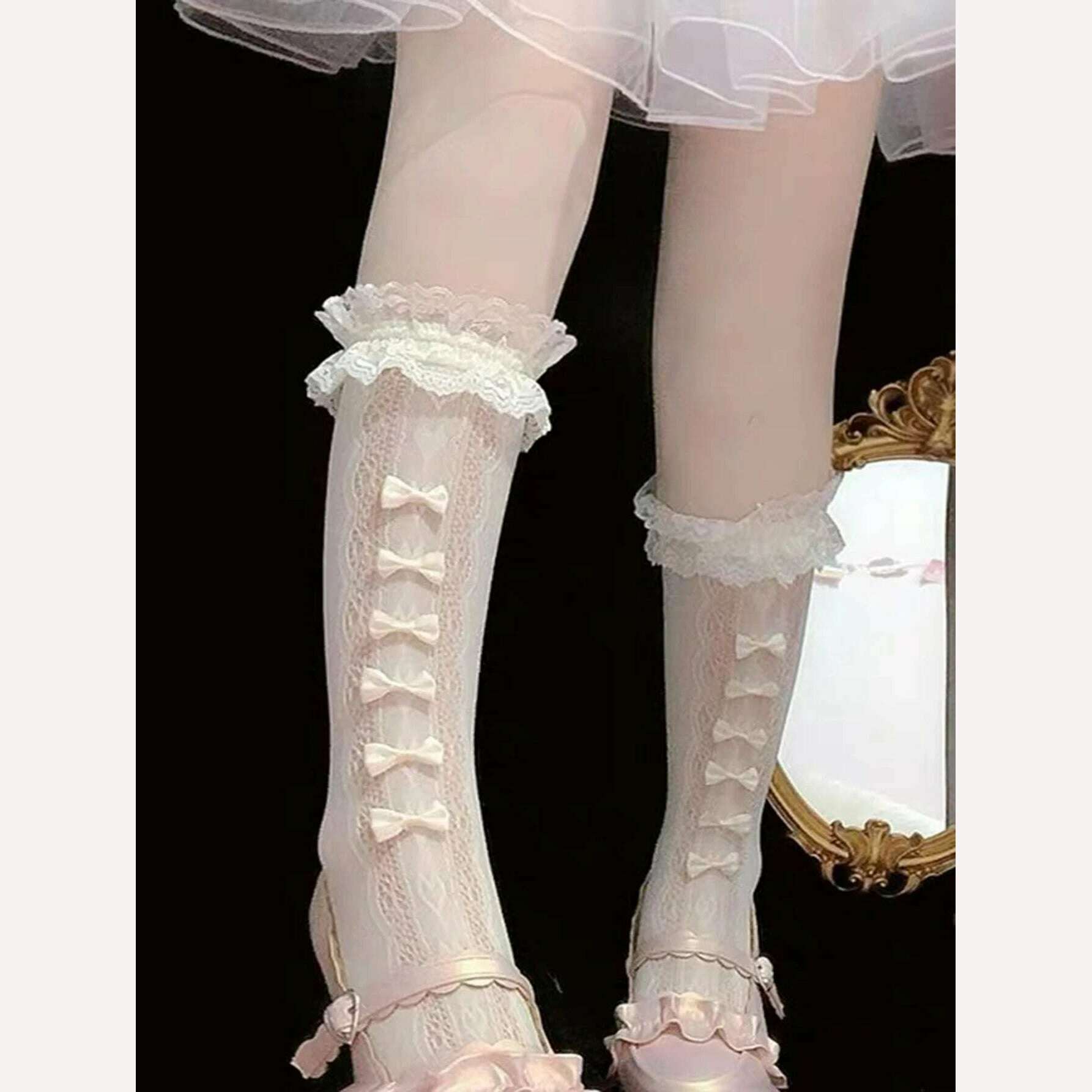 1 pair of bow shaped mid length stockings JK girls lace lace stockings Lolita princess coa long length lace bow shaped stockings - KIMLUD