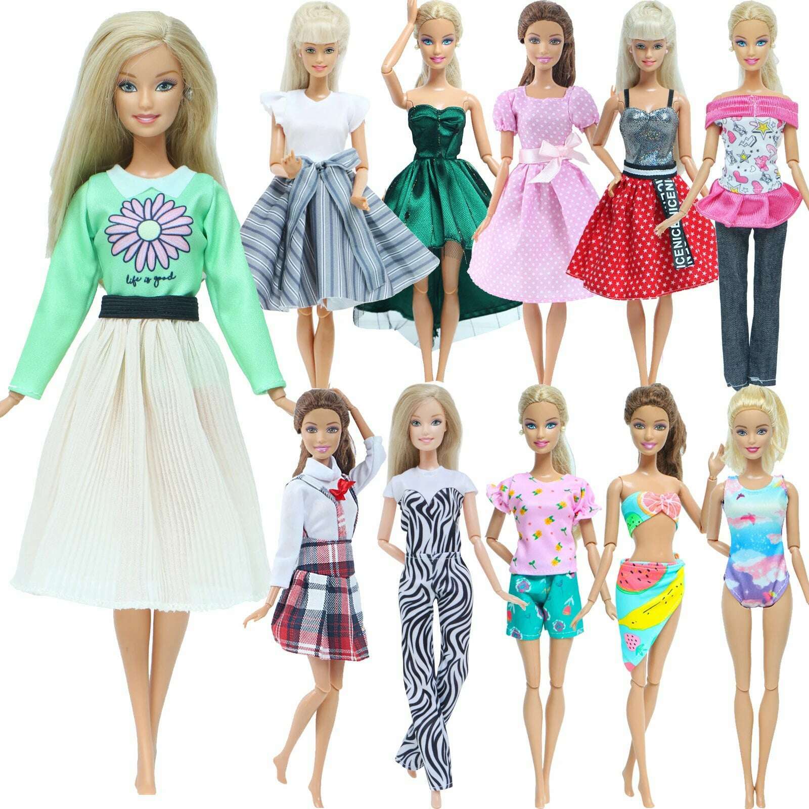 1 Set Fashion Multicolor Outfit Wave Point Dress Shirt Denim Grid Skirt Daily Casual Wear Accessories Clothes for Barbie Doll - KIMLUD